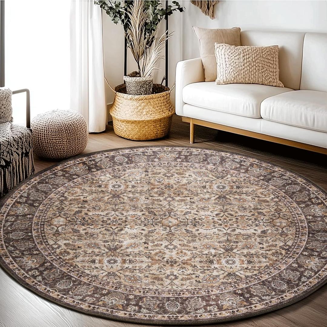 RYB HOME Washable Large Round Rug 8ft for Living Room, Washable Vintage Accent Distressed Faux Wool Ultra Soft Rug for Bedroom, Non Slip Stain Resistant Carpet for Guest Room Nursery, Brown