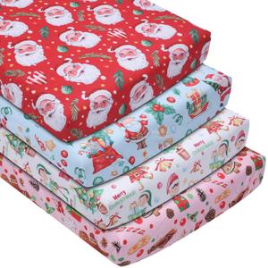 4 Pcs Christmas Santa Claus Gingerbread Gnome Cartoon Tree Crib Sheets for Baby Boys Girls, 52'' x 28'' Soft Breathable Christmas Fitted Sheet Set for Standard Crib and Toddler Mattresses