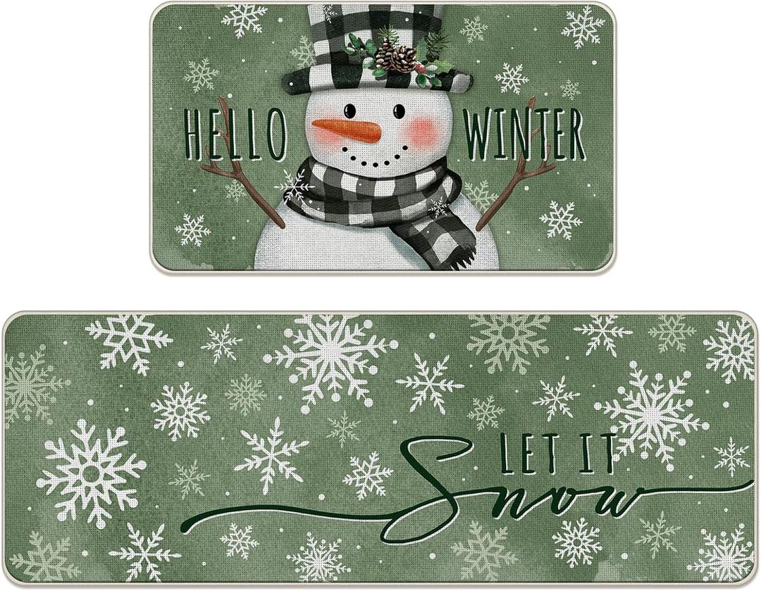 Hello Winter Snowman Green Kitchen Rugs Set of 2, Let It Snow Snowflake Kitchen Mats Decor, Christmas Seasonal Floor Door Mat Home Decorations - 17x29 and 17x47 Inch