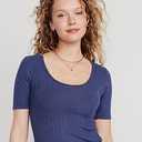 Elbow-Sleeve Rib-Knit T-shirt L, Navy Blue