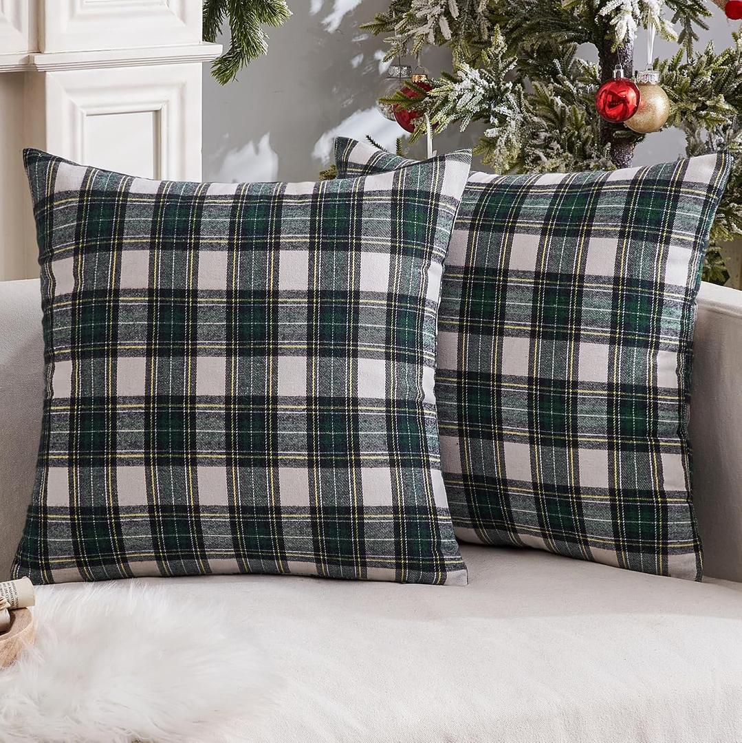 MIULEE Christmas Set of 2 Scottish Tartan Plaid Throw Pillow Covers Farmhouse Classic Decorative Outdoor Square Cushion Cases for Decor Sofa Couch 18x18 Inch, Green and White