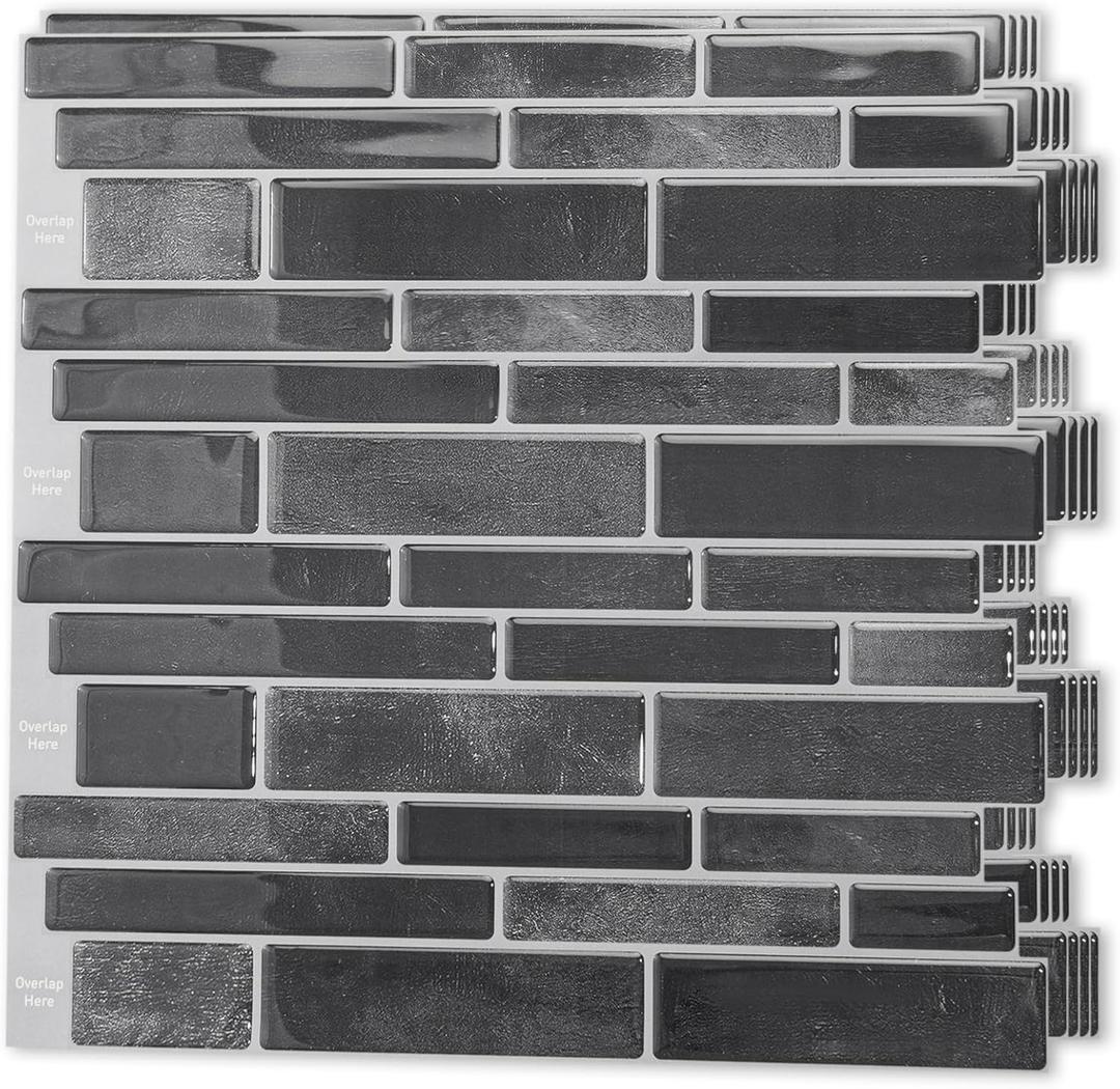 Art3d 10-Sheet Peel and Stick Backsplash Tile, Vinyl Stick On Wall Tile for Kitchen Bathroom Laundry Room, Marble Design 12" x 12" - Smoky Black