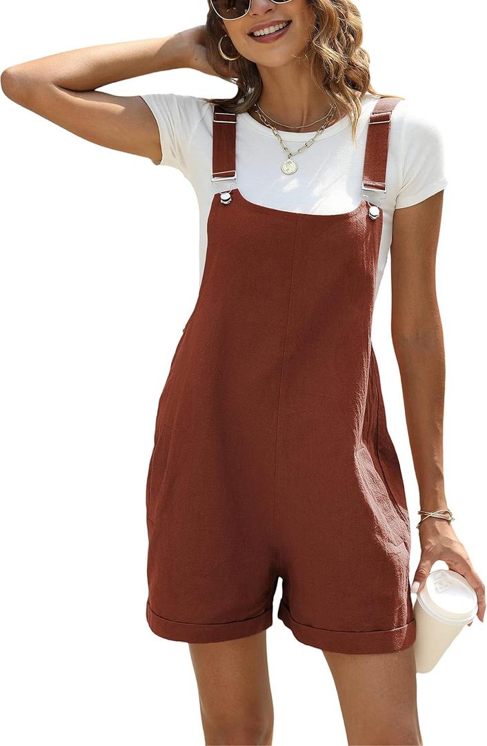 Ailoqing Womens Cotton Linen Short Overalls Casual Summer Bib Shortalls Rompers with Pockets (XXL)