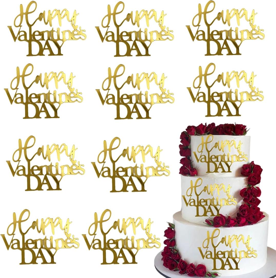 Happy Valentine Cake Topper Gold Acrylic Charm Cake Party Decorations for Birthday Wedding Anniversary Supplies
