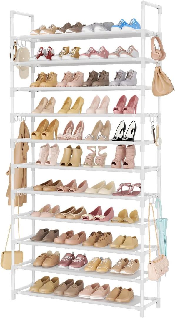 LANTEFUL 11 Tiers Tall Shoe Rack Holds 55 Pairs of Shoes with 18pcs Hooks Sturdy Wide Shoe Organizer Storage Free Standing Metal Shoe Shelf for Closet, Entryway White, 11 Tier-74.8" High-34" Wide