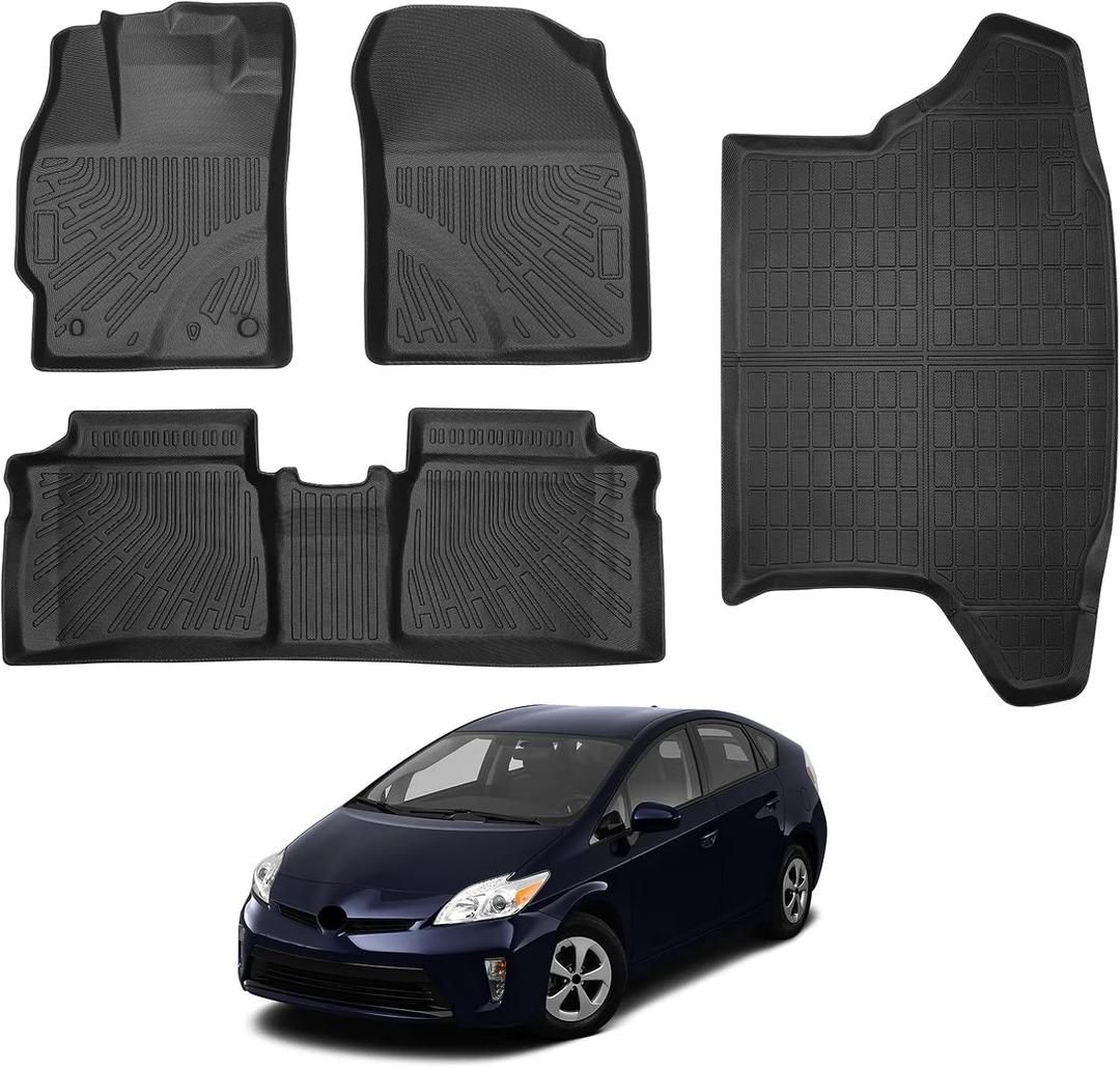 Floor Mats & Cargo Liner Compatible with Toyota Prius 2010-2015(Not fit Plug in,V or C), All Weather Protection TPE Carpet Rubber Custom Fit Car Accessories Full Set, Black