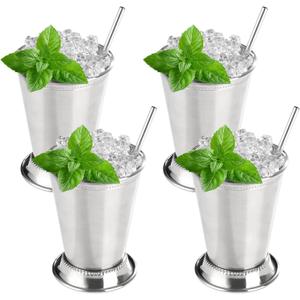 Fijinhom 12oz Mint Julep Cups with Straws Set of 4, Stainless Steel Beaded Mint Julep Cups, Mint Julep Glasses for Cocktails Mixed Drinks, Metal Cups for Beer Juice Beverage Party Bar Home Restaurant