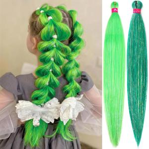 Green+Neongreen Braiding Hair with Tinsel 30 Inch Braid Hair Extensions 2Packs Pre Stretched High Temperature Crochet Braiding Hair