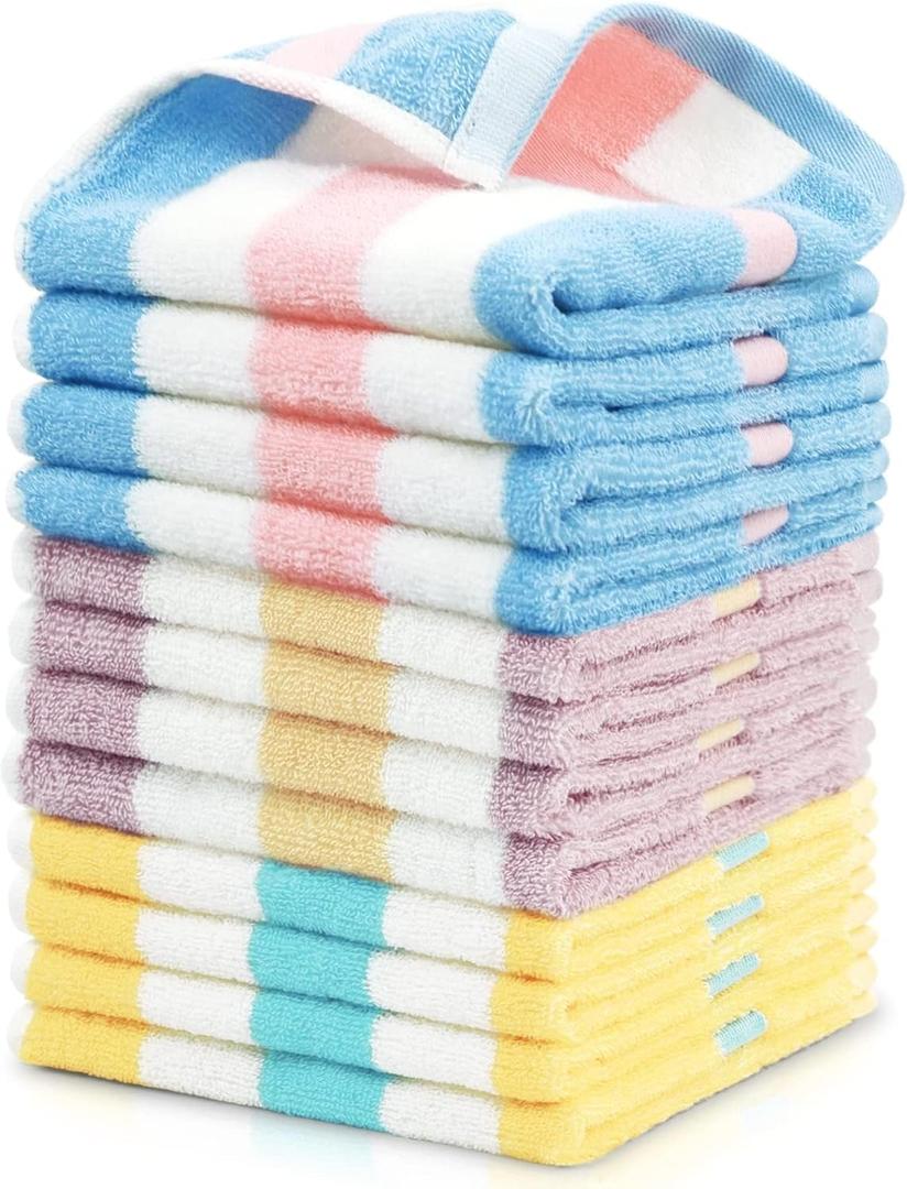 Jacquotha Cotton 12 Pack Striped Washcloths, 13 x 13 Inches, 3 Colors - Face and Body Cleansing Towels