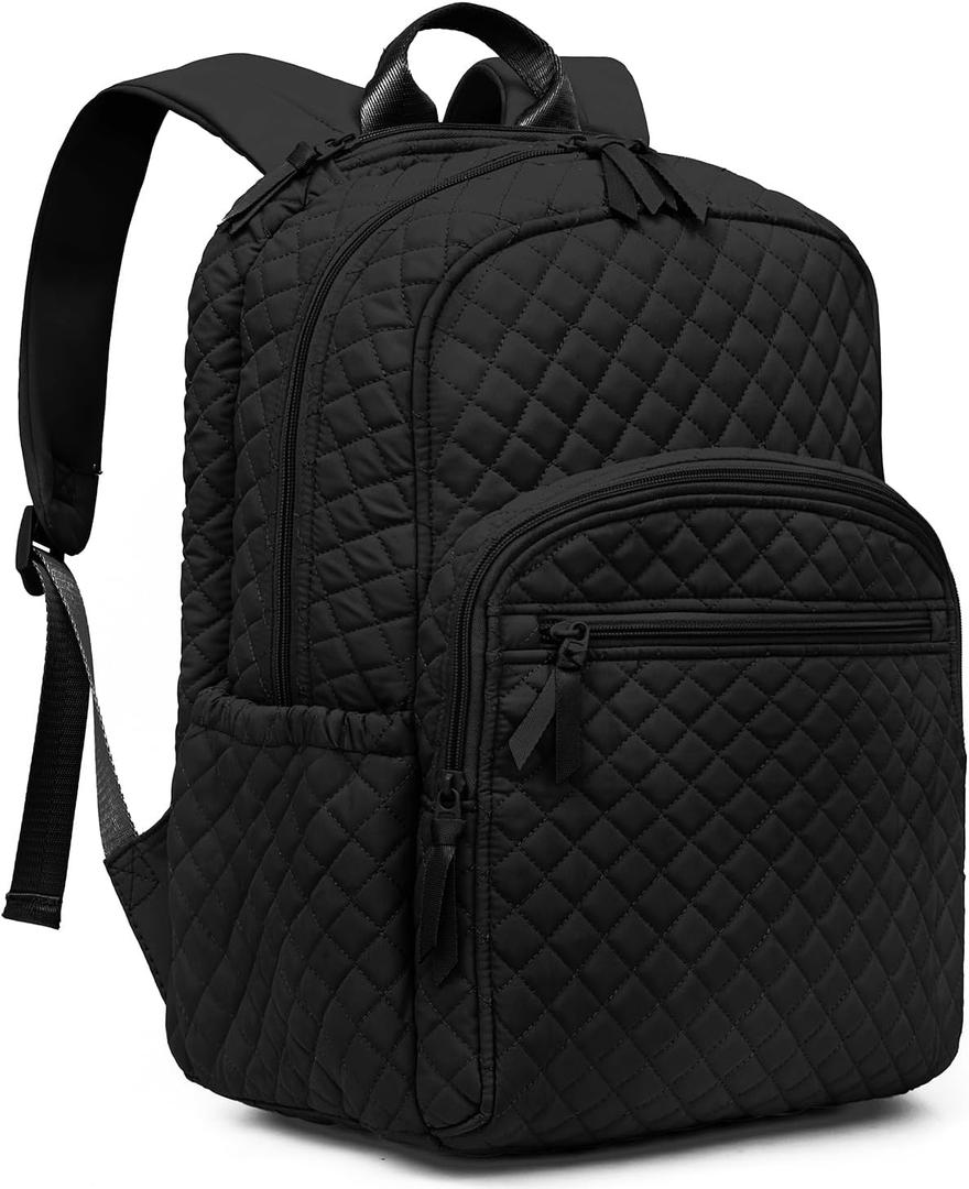 Backpack for Women,College Backpack,Quilted Casual Daypack,Waterproof Bookbag for 17Inch Laptop (Black)