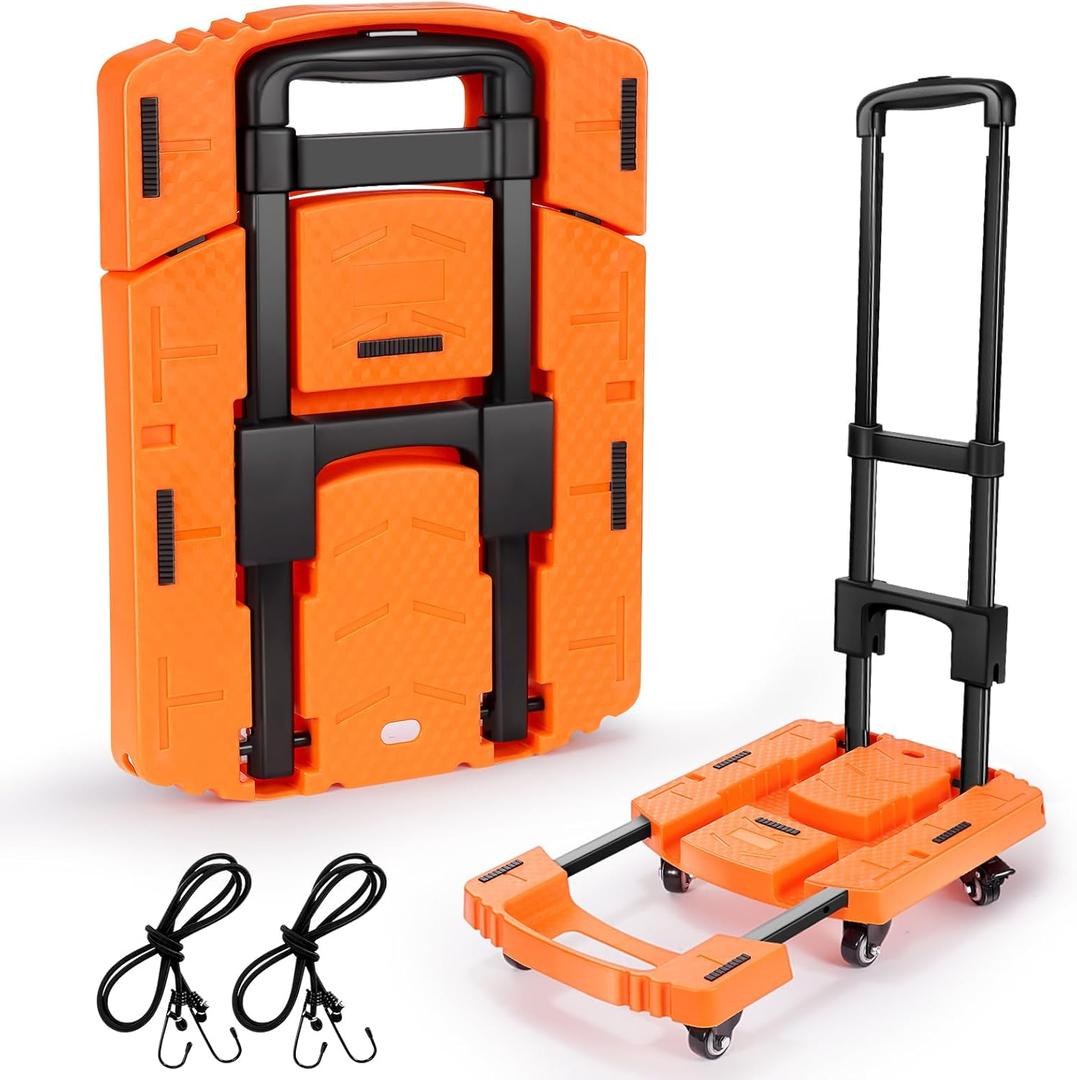 Folding Hand Truck500lbs, Portable Heavy Duty Dolly Cart, 6 Wheels Collapsible Luggage Cart with 2 Elastic Ropes - Compact Trolley Cart for Easy Moving - Ideal Hand Cart for Travel and More (17, Orange)