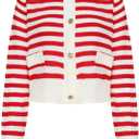 Floerns Women's Striped Long Sleeve Cardigans Button Down Crewneck Fall Outfit Sweaters Outerwear (M)