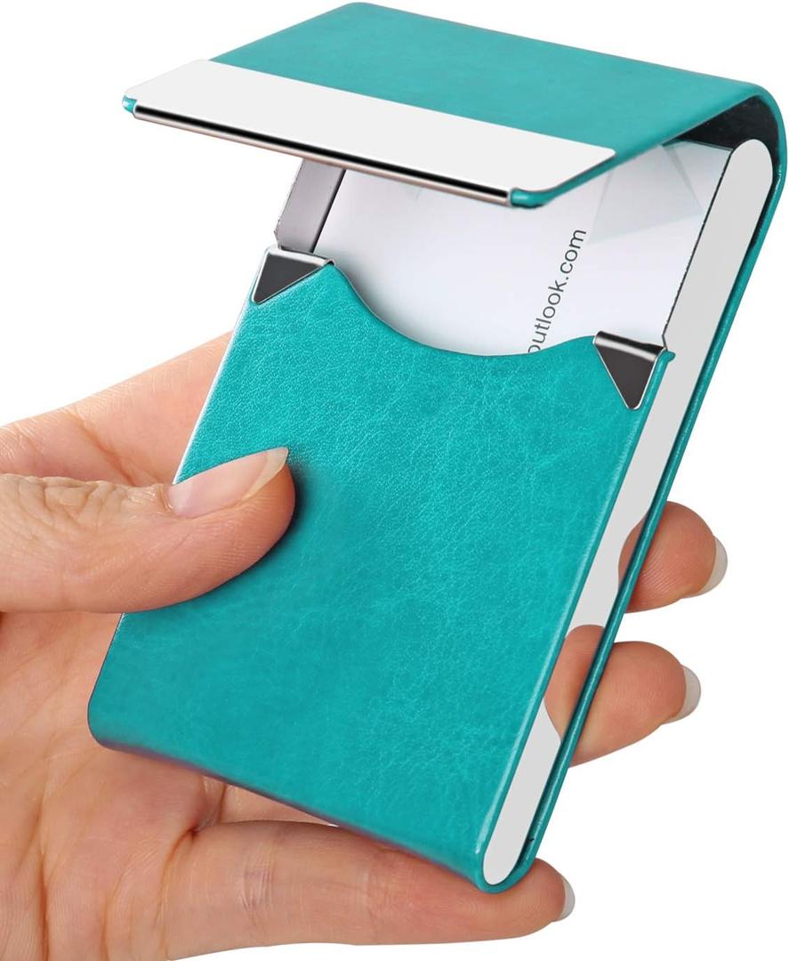 JuneLsy Professional PU Leather Business Card Holder Case Metal Name Card Holder Pocket Business Card Carrier for Men & Women with Magnetic Shut (S-Light blue)