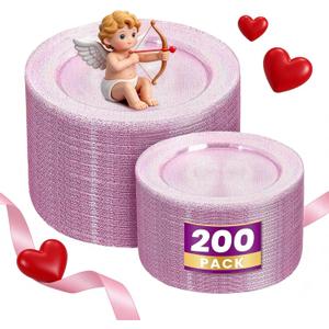 WDF 200PCS Pink Plastic Plates - Rose Gold Glitter Plastic Plates - Heavy Duty Pink Glitter Disposable Plates for Parties/Wedding/Valentine's Day
