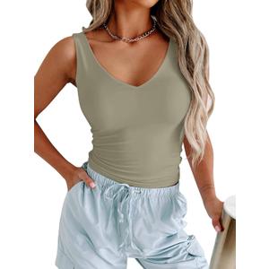 PINKMSTYLE Womens Basic V Neck Tank Tops Double Lined Fitted Summer Tops Cute Sleeveless Shirts (Medium, Antique Pewter)