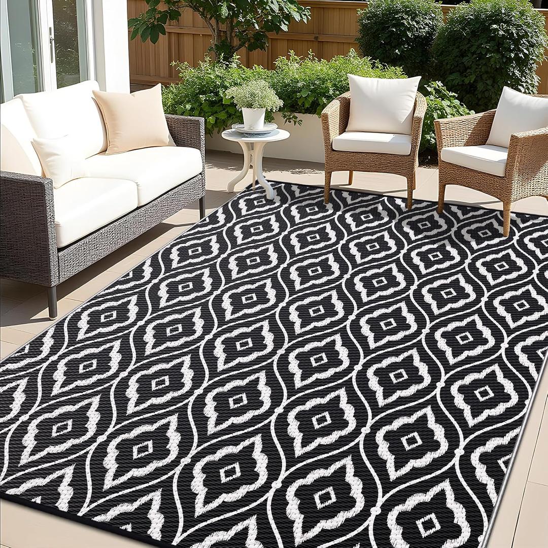 OLANLY Outdoor Rug 5x8 ft Waterproof, Outdoor Plastic Straw Rug with Geometric Pattern Clearance, Reversible RV Mat for Patio, Camping, Balcony, Deck, Backyard, Black & White