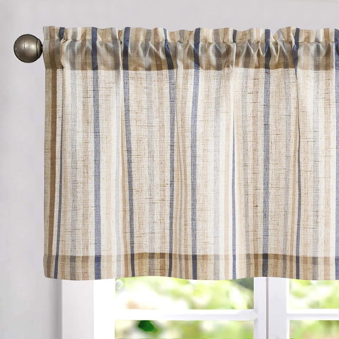 Vangao Kitchen Valance Linen Stripe Short Farmhouse Country Rustic Tickingstripe Light Filtering Rod Pocket Window Topper Treatments 16 Inch 1 Panel Colorful Blue, 50"W x 16"L