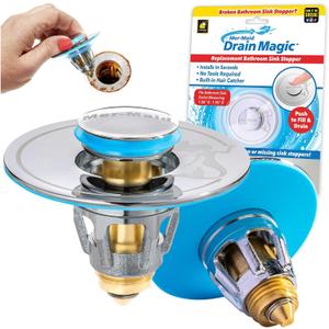 Mer-Maid Drain Magic AS-SEEN-ON-TV Replace Broken or Missing Bathroom Drain Stoppers in Seconds, No Tools, Push To Fill, Hair Catcher Prevents Clogs, Watertight Silicone Seal, Chrome Plated Solid Brass