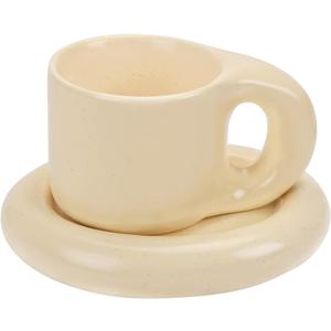 Koythin Ceramic Coffee Chubby Mug Saucer Set, Creative Cute Fat Handle Cup with Saucer for Office and Home, Dishwasher and Microwave Safe, 10 oz for Latte Tea Milk (Milky Apricot)