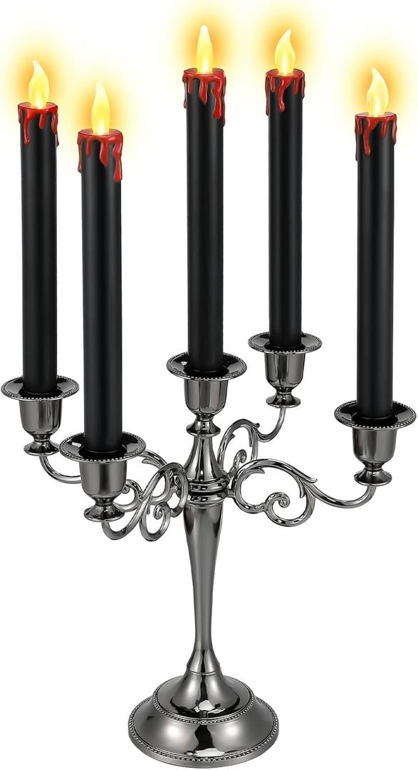 5 Arms Black Metal Candle Holder 5 Pcs Plastic LED Taper Candles Halloween Gothic Candelabra Battery Operated Flickering Candlesticks for Halloween Gothic Rituals Decor