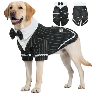 DENTRUN Dog Tuxedo Suit with Bow Tie - Formal Black & White Striped Pet Costume Shirt, Elegant Wedding Outfit Birthday Party Attire for Siberian Husky Border Collie Large Dogs, XL