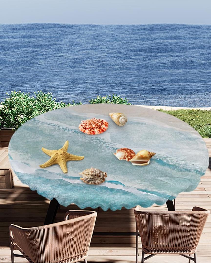 Coastal Tablecloth Round Fitted,Beach Table Cover Waterproof Reusable Ocean Table Cloth with Elastic Edge for Kitchen Dining Party Sea Wave 36-44in (Geometrylaa8839)