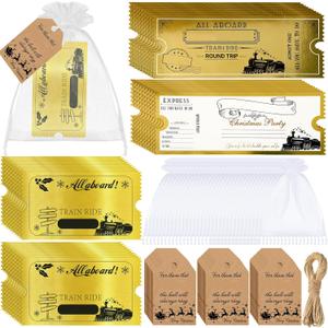 Gisafai 100 Sets Polar Stickers Golden Tickets Bulk Polar Christmas Decorations Believe Bell Santa Sleigh Bell Invitations Xmas Gifts Train Party Supplies Favors Stuffers Organza Bags Tags (White)