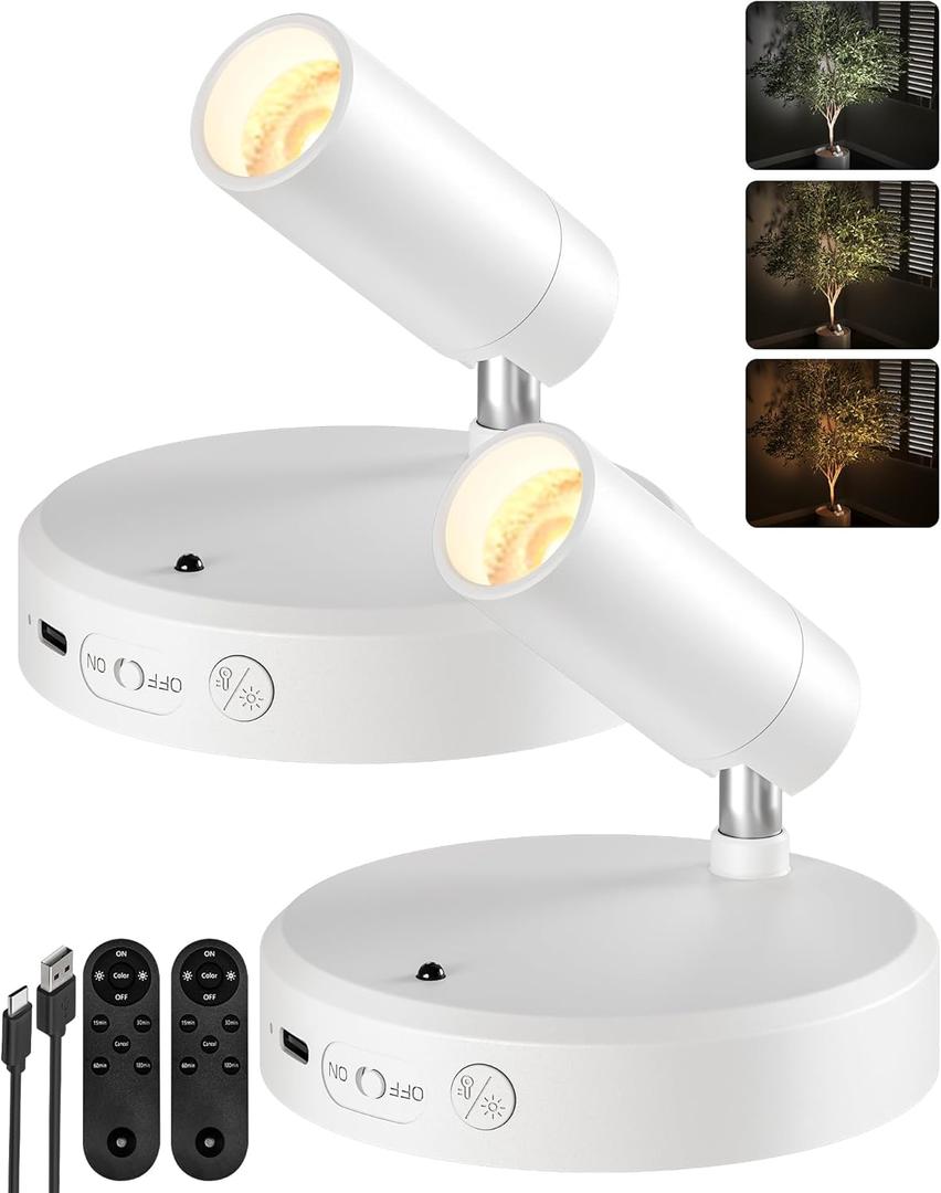 Spot Lights Indoor,5500mAh Rechargeable Picture Lights with Remote,Wireless Mini Art Accent Spot Lights with TimerDimmable, 3CCT, Uplights Indoor for Plants,Display,Artwork (2Pack-White)