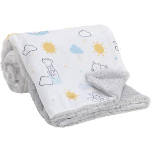 Disney Winnie The Pooh White, Yellow, and Aqua Sunshine and Clouds Super Soft Velboa with Sherpa Back Baby Blanket (30"x40")