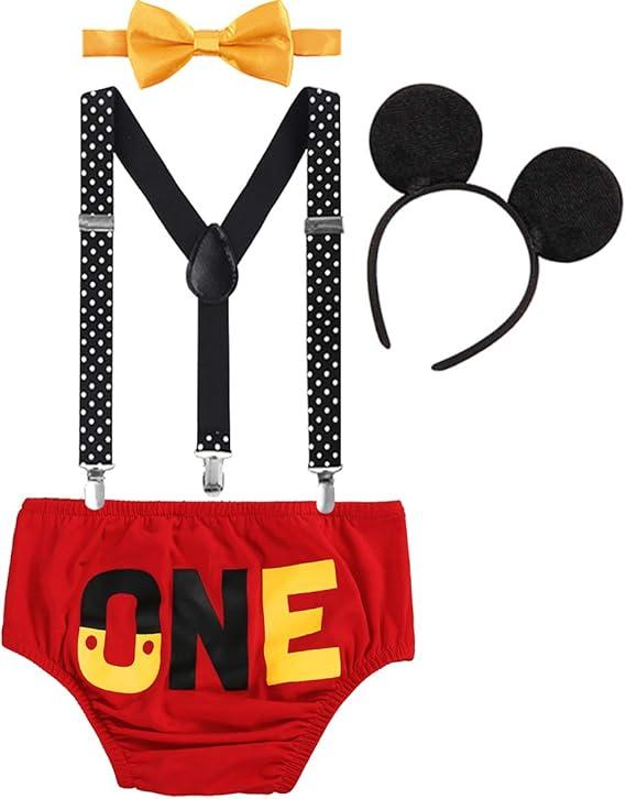 FYMNSI Baby Boys 1st Birthday Cake Smash Costume Photo Props 4PCS Outfits Suspender Bloomers Bowtie Headband 12-18 m