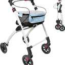 KMINA Narrow Walker for Small Spaces, Foldable Walker with Tray and Basket, 4 Wheels and Brakes, Lightweight Indoor Rollator for Seniors, Blue, PRO Model
