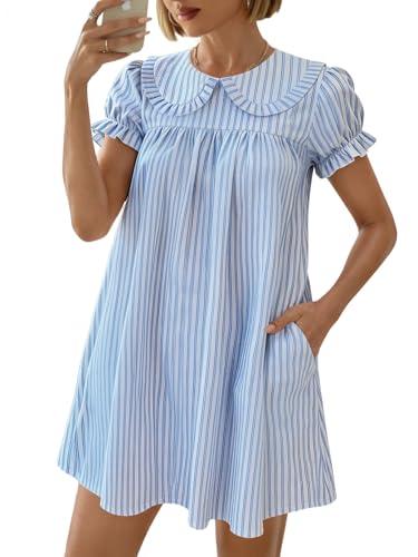 Xuiqx Women's Cute Babydoll Mini Dress Peter Pan Collar Ruffle Short Sleeve Pleated A Line Dresses 2026 Summer (Blue Stripes, Small)