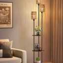 Floor Lamp with Shelves, Boho Floor Lamp with Foot Switch, 3-Light Standing Lamp, for Living Room, Bedroom, Study, Rustic Brown and Yellow YF53LD05