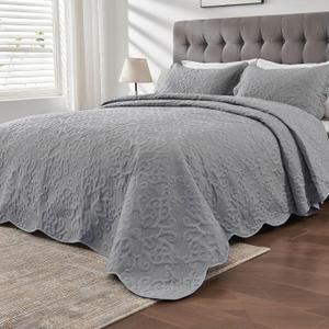 Oversized King Bedspreads 128x120 Extra Wide Quilt for Tall King California King Bed Lightweight 3 Piece Quilted Coverlet Pillow Shams Set Gray
