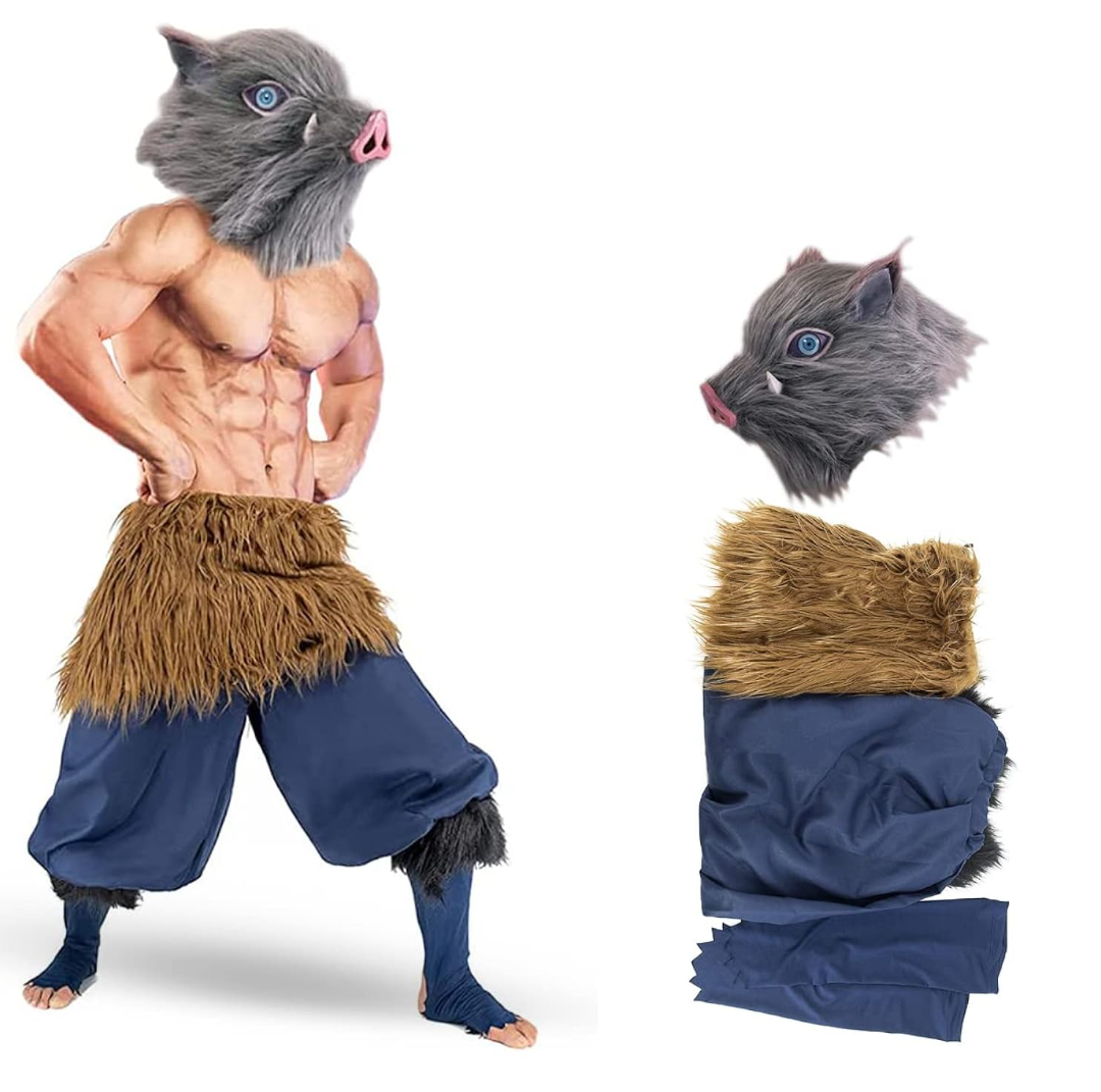WELLMILLER Inosuke Cosplay Costume Pants Apron Suit Full Set with Inosuke Mask for Adult Men Women, M