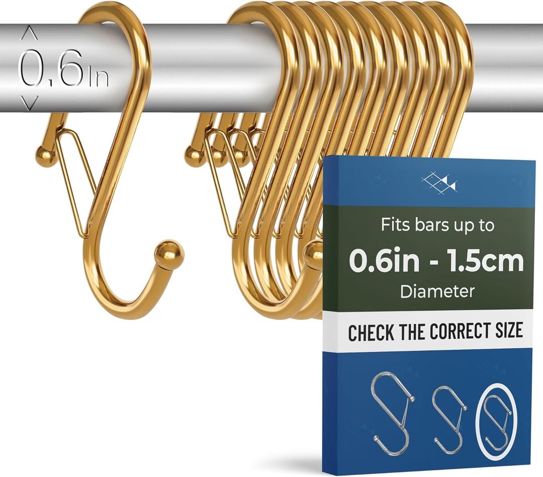 10-Pack Metal S Hooks for Hanging  Heavy-Duty S-Shaped Hooks with Safety Buckle  Fits Bars up to 0.6 In  Anti-Drop Hook for Kitchen, Pot Racks & Towel Bars  Gold (Small)