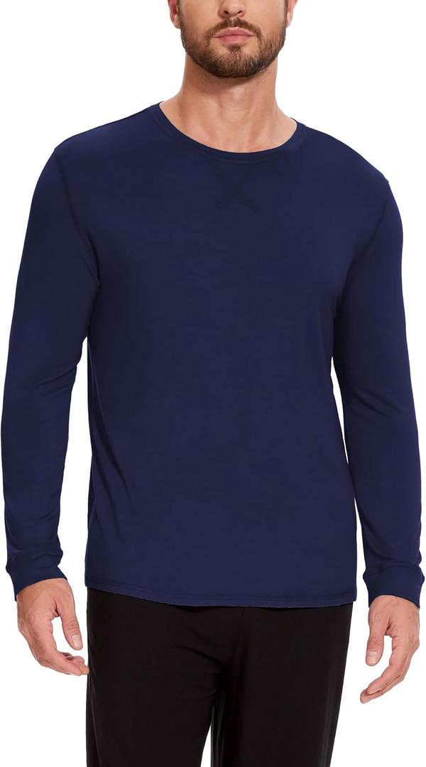 GYS Bamboo-Derived Viscose Men's Pajama Top Soft Long Sleeve Sleep T-Shirt (Navy) XL