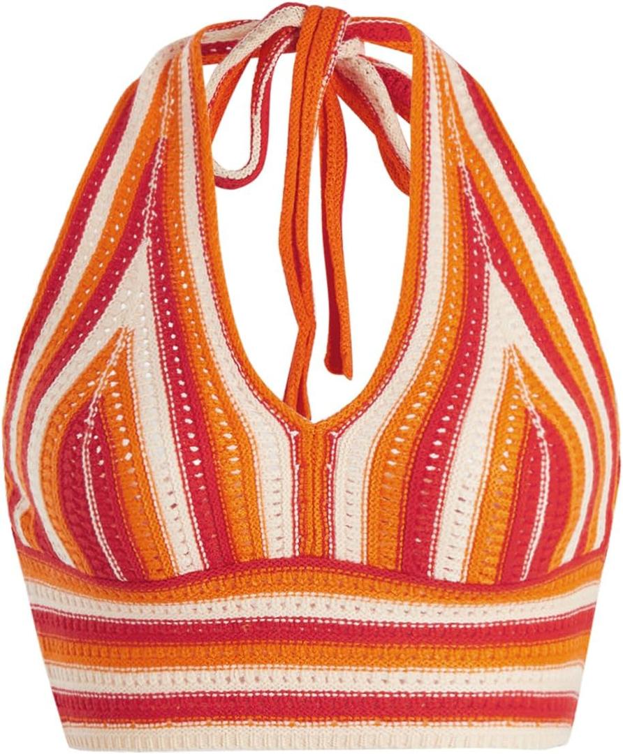 Verdusa Women's Colorblock Striped Crop Halter Top Tie Backless V Neck Going Out Tops (Large, Orange Red)