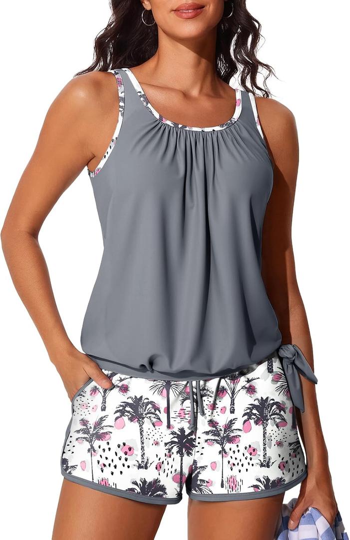 Summer Mae Blouson Women’s Tankini Swimsuits with Shorts Tummy Control Bathing Suits Side Pockets 2026 (Gray, S)