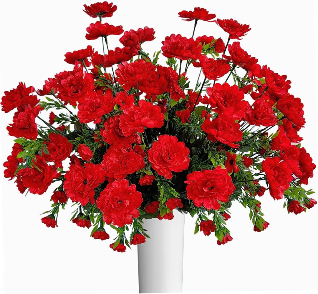 Pack of 4 Bundles - Artificial Gerbera Daisy Silk Flowers Shrubs Plants Flower Bushes for Home Garden Wedding Indoor Outdoor Decor Basket Planter, Red
