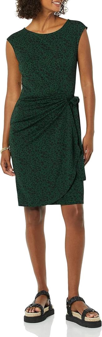 Amazon Essentials Women's Cap Sleeve Boat-Neck Faux Wrap Dress (Dark Green Animal)
