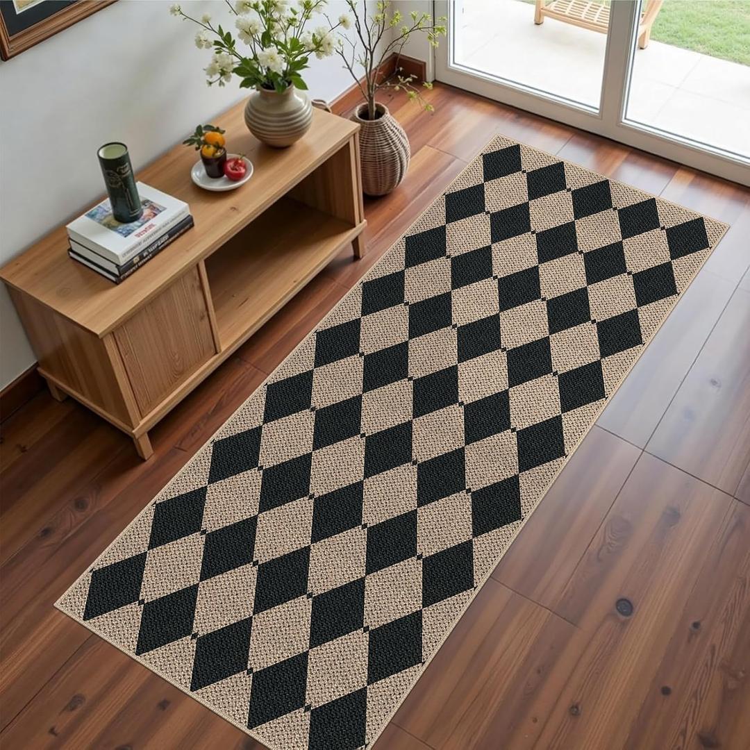 Easy Jute Runner Rug 2x5, Black Indoor Outdoor Carpet, Washable Non-Slip Floor Mat for Entryway Hallway Kitchen Porch
