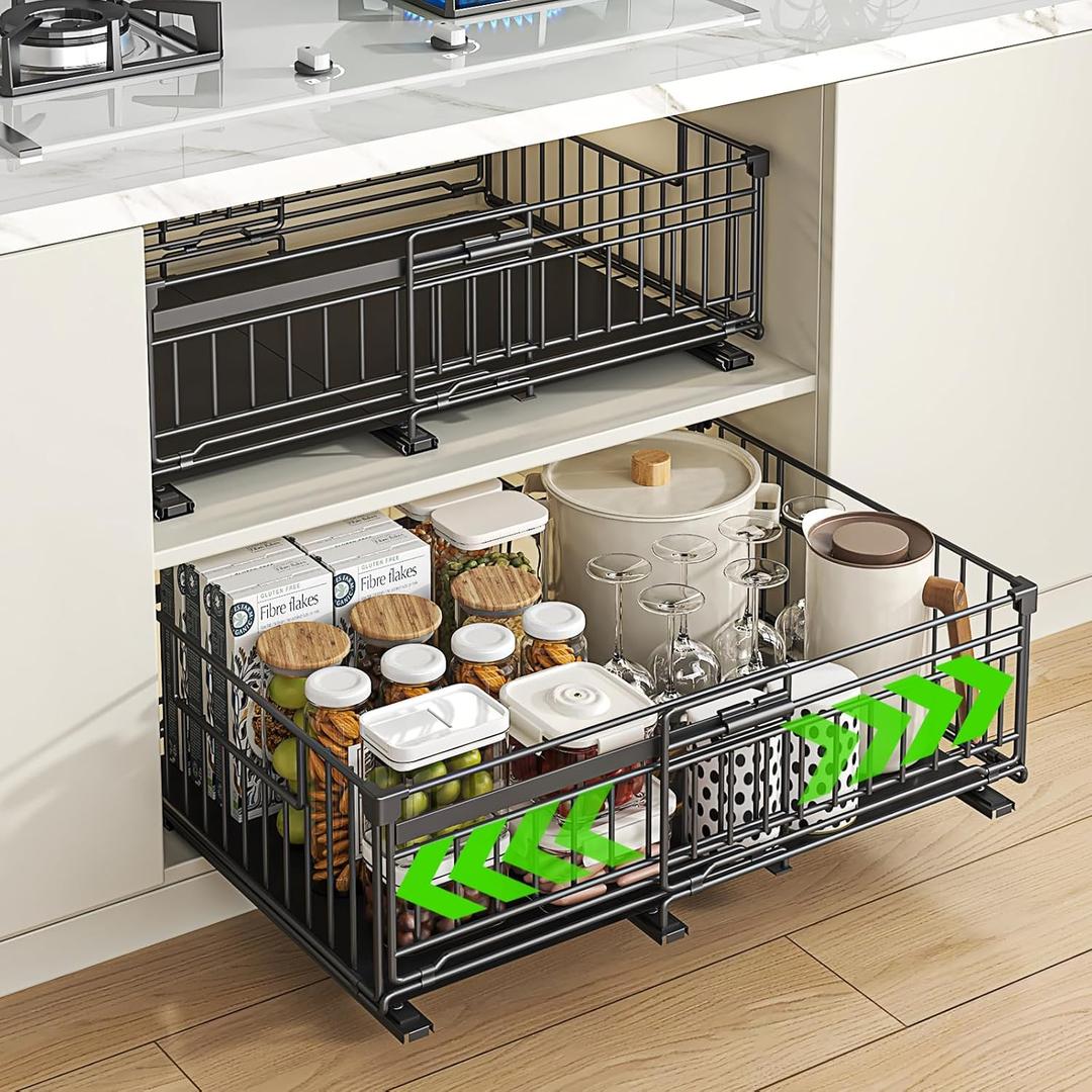 REALINN 2 Pack Pull Out Cabinet Organizer, Expandable(12"-20") Slide Out Drawers 3 Slide Rails Fix with Adhesive or Screw, Roll Out Shelves for Kitchen Cabinet Organization, Black, 6.75in height