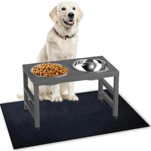 Metal Raised Dog Bowl, 10" Tall Elevate Dog Feeder Stand with 2 Stainless Steel 42oz Bowls & 16x24 Non-Slip Mat  Stronger Dogs Food & Water Bowl Stand (Grey)