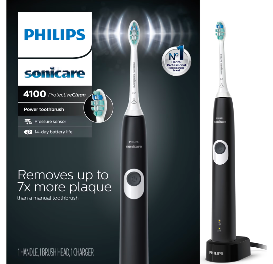 Philips Sonicare ProtectiveClean 4100 Plaque Control, Rechargeable Electric Toothbrush with Pressure Sensor, Black HX6810/50