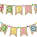 GCQQ Happy Easter Banner, No DIY Easters Bunny Banner Garland, Pastel Burlap Easter-Banners Decorations with Pompom Ball, Cute Easters Bunting Banners for Fireplace, Mantle or Outdoors Decoration