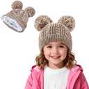 Zando Satin Lined Toddler Winter Hat Warm Kids Knit Beanie Hat Silk Lined Baby Girls Boys Double Pom Pom Children 3-8 Years (Two Tone Brown)