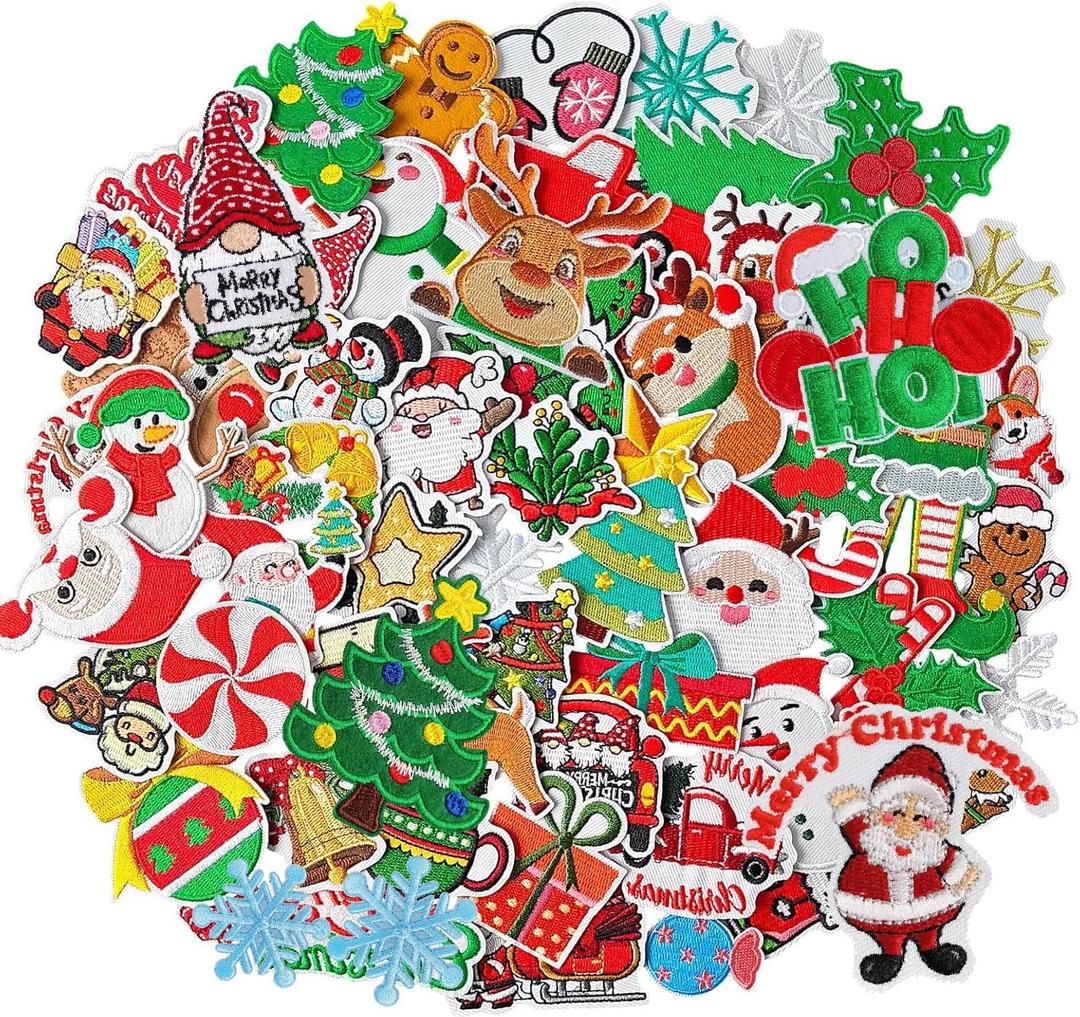 Harsgs 60PCS Random Christmas Iron on Patches, Embroidered Iron on/Sew on Patches Xmas Themed Applique for Clothes, Dress, Hat, Jeans, DIY Accessories (Pack of Assorted)