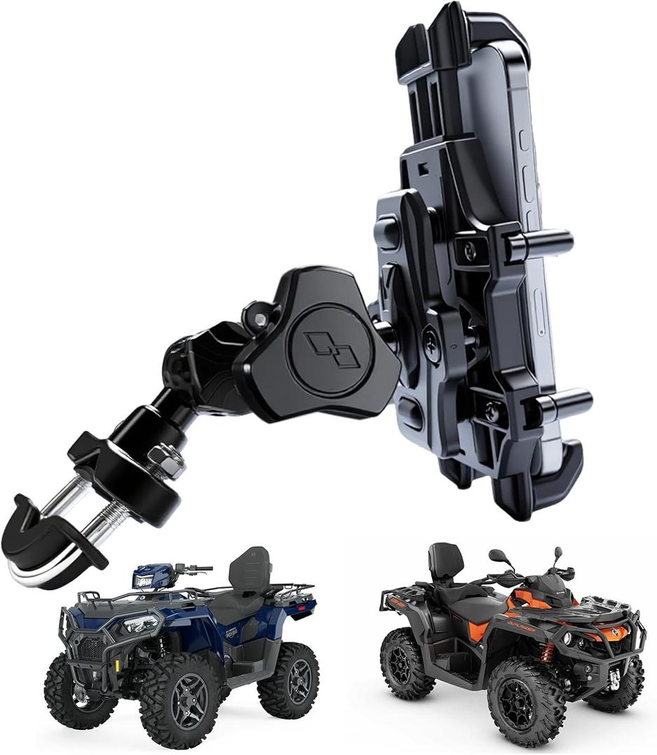 QYMOTO ATV Phone Holder Mount,Motorcycle Handlebar Phone Mount,4 Wheeler Anti Vibration 360 Cell Phone Holder Clamp Fit CFMOTO Cforce,Polaris Sportsman,Can am Outlander Adjustable Fit 4.7"-7.1'' Phone