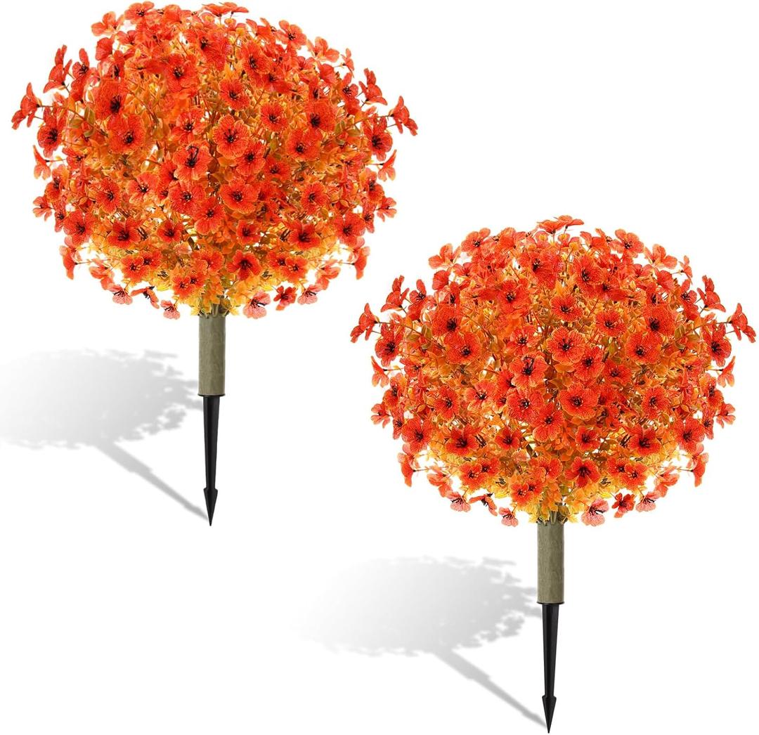 Yunlly 2 Pcs Thanksgiving Topiary Ball Fall Artificial Mums Tree for Outdoor Porch Decorations 24" UV Resistant Autumn Faux Bush Shrub Faux Violet Plant for Patio Garden Autumn Decor(Orange)